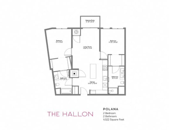 A floor plan of a two bedroom, two bathroom apartment.