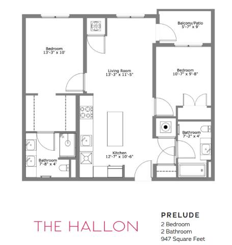 A floor plan for a prelude shows two bedrooms, two bathrooms, and a living area.