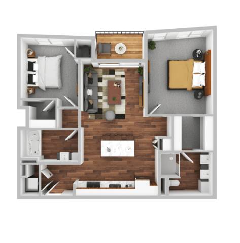 A top-down view of a small apartment layout with a kitchen, living room, and bedroom.