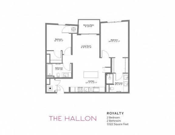A floor plan of a 1,022 square foot, two bedroom, two bathroom apartment.