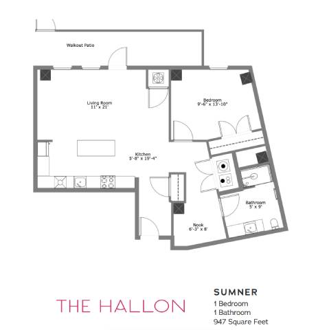A floor plan of a house named "The Hallon" with a living room, kitchen, and two bedrooms.