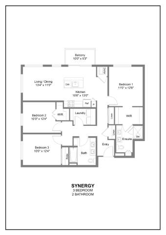 A floor plan of a SYNERGY property showing three bedrooms and two bathrooms.