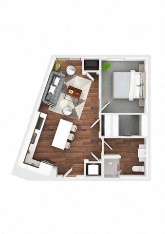A top down view of a small apartment with a kitchen, living room, and bedroom.