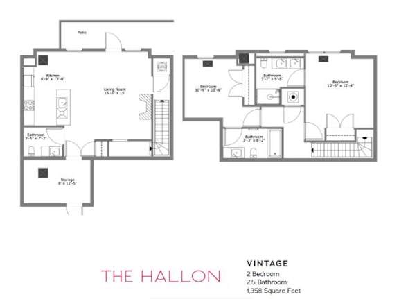 A floor plan of a vintage style apartment with two bedrooms and a 2.5 bathroom.
