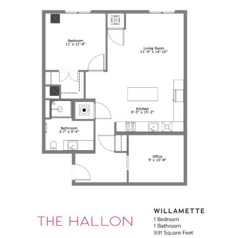 A floor plan of a one bedroom apartment in The Hallon, Willamette, showing a living room, kitchen, and two bathrooms.