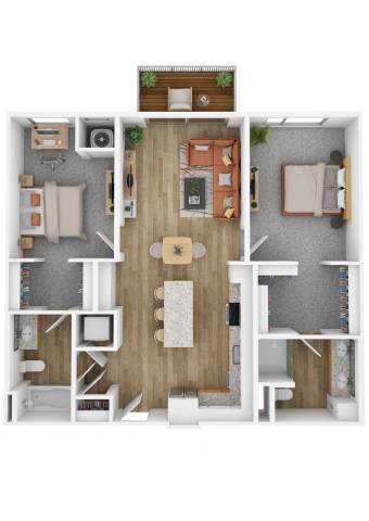 A top-down view of a two-bedroom apartment with a living room, kitchen, and bathroom.