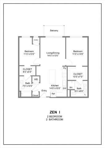 A floor plan of a Zen I apartment with two bedrooms, two bathrooms, and a living dining area.