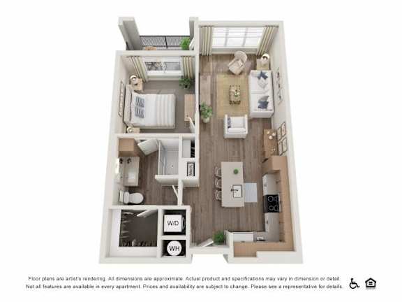 A floor plan of a small apartment with a kitchen, living room, and bedroom.