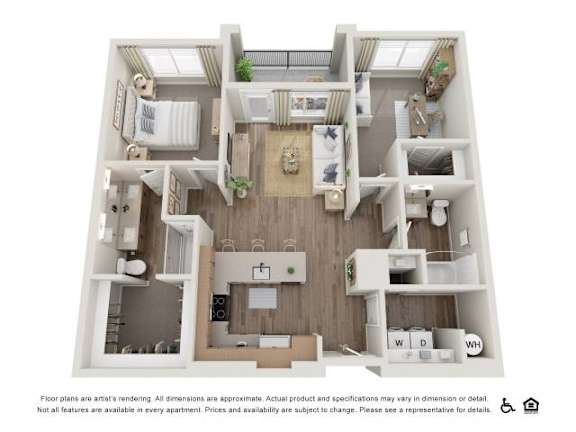 A floor plan of an apartment with a kitchen, living room, and two bedrooms.