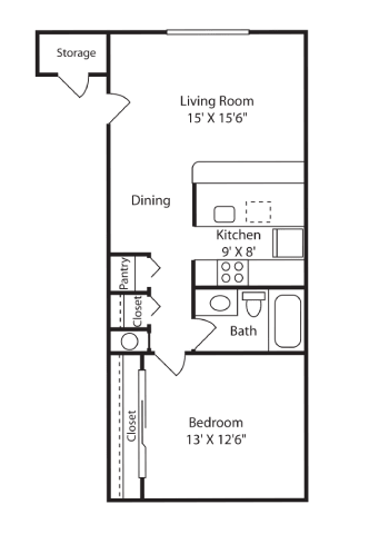 A floor plan of a room with a bedroom, living room, kitchen, dining area, and storage space.