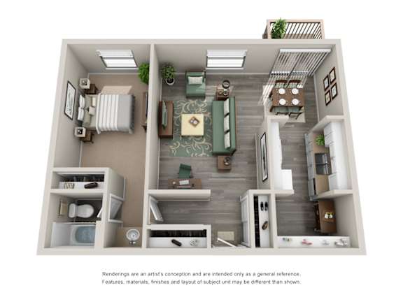 A 3D rendered image of a small apartment layout.