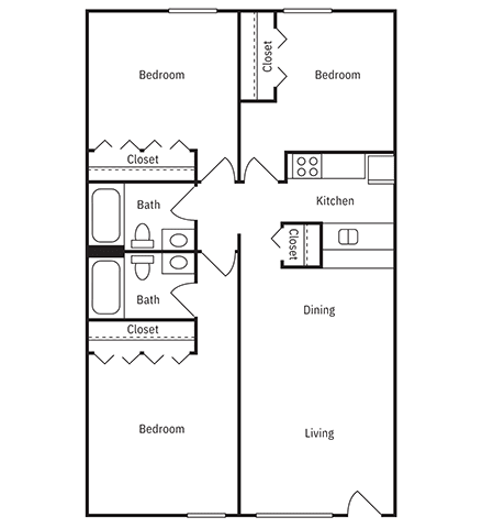 A floor plan of a house with two bedrooms, a living room, a dining room, a kitchen, and two bathrooms.