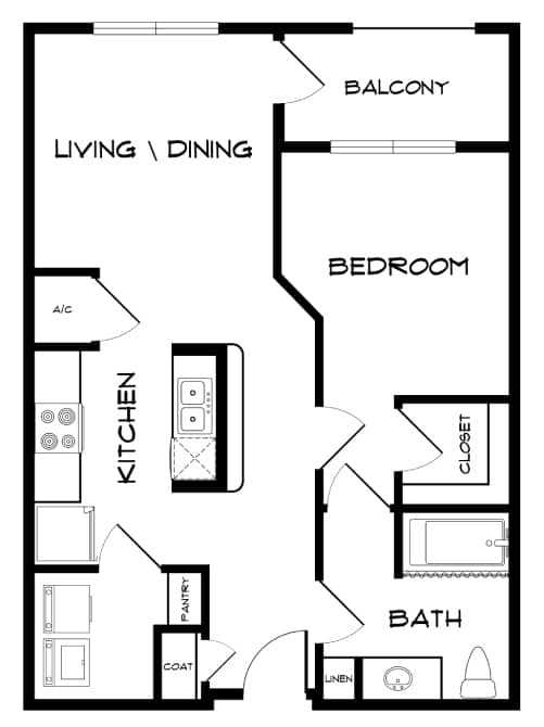 A black and white image of a floor plan for a small apartment.