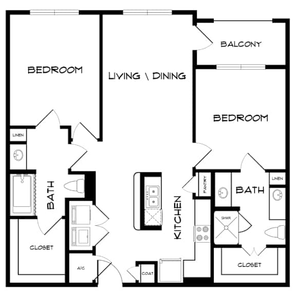 A black and white image of a house floor plan with a balcony, two bedrooms, a living/dining area, a kitchen, two bathrooms, and two closets.