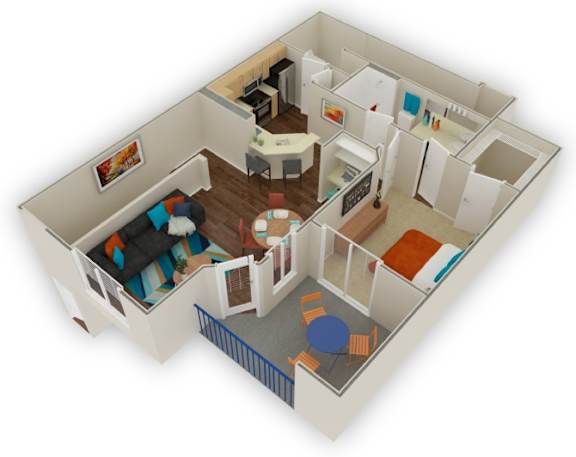 A 3D floor plan of a small apartment with a kitchen, living room, and bedroom.