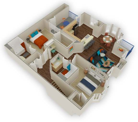 A 3D image of a house layout with two bedrooms, a living room, a kitchen, and a bathroom.