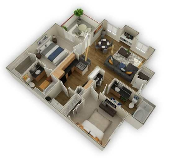 A 3D floor plan of a house with a kitchen, living room, and bedrooms.