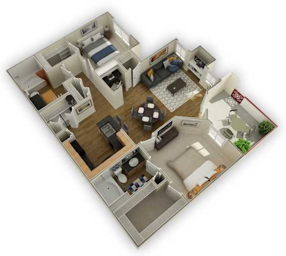A 3D floor plan of a house with a living room, kitchen, and two bedrooms.