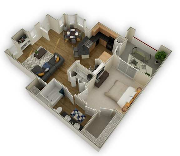 A 3D floor plan of a house with a living room, kitchen, dining room, and bedrooms.