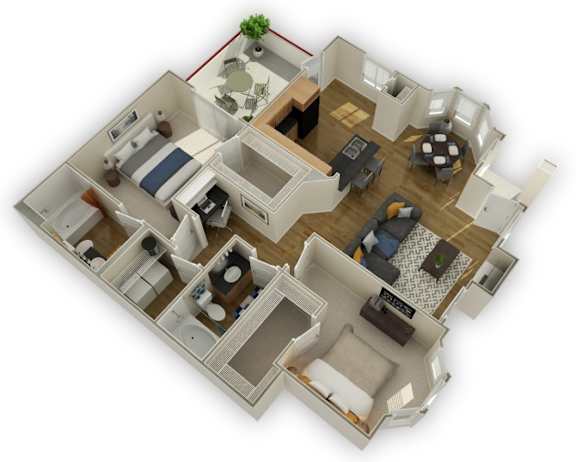 A 3D floor plan of a house with a red line indicating the perimeter.