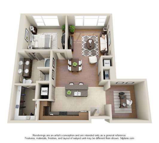 Floor Plan  A 3D floor plan of a house with a living room, dining room, kitchen, and two bedrooms.