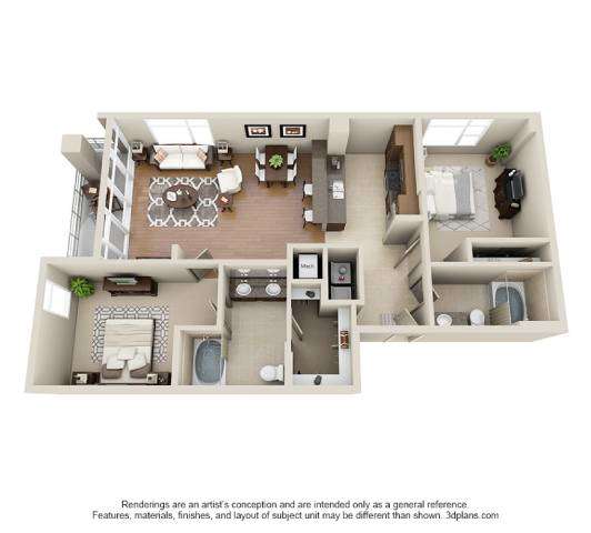 Floor Plan  A 3D floor plan of a house with a kitchen, living room, and bathroom.