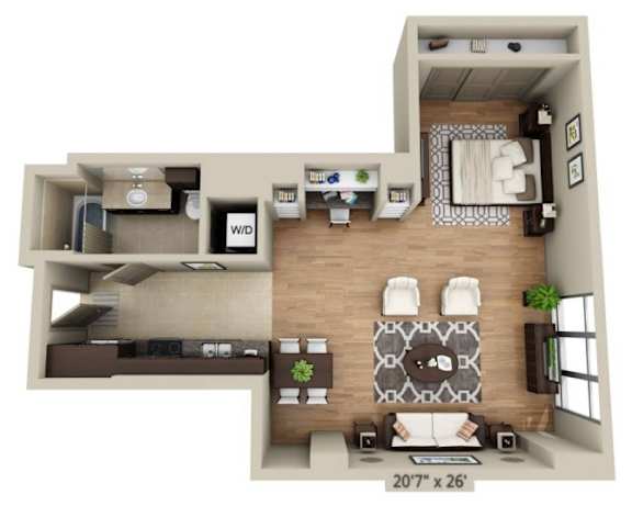 A 207 x 26 inch floor plan of a house with a kitchen, living room, and two bedrooms.