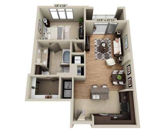 A floor plan of a small apartment with a kitchen, living room, and bathroom.