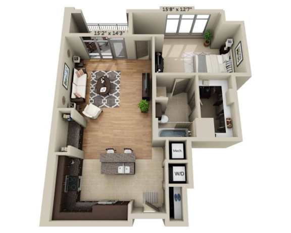 A floor plan of a two-bedroom apartment with a living room, kitchen, and bathroom.