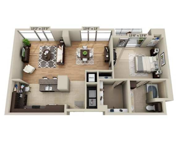 A floor plan of a house with a living room, dining room, kitchen, and two bedrooms.