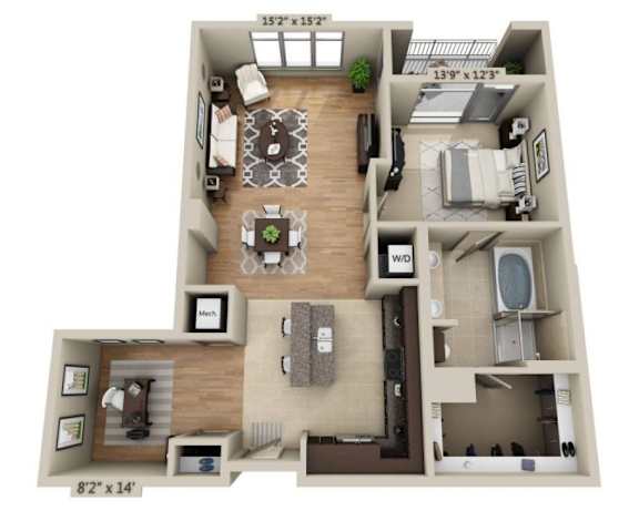 A 3D floor plan of a two-bedroom apartment with dimensions and a living room area.
