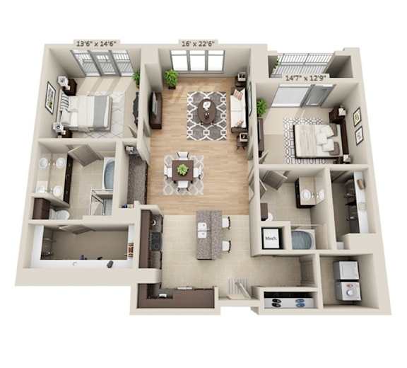 A 3D floor plan of a two-bedroom apartment with dimensions and measurements.