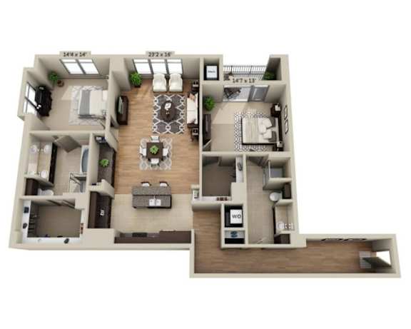 A floor plan of an apartment with a living room, kitchen, and two bedrooms.