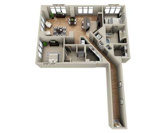 A 3D floor plan of a house with a living room, kitchen, dining room, and two bedrooms.