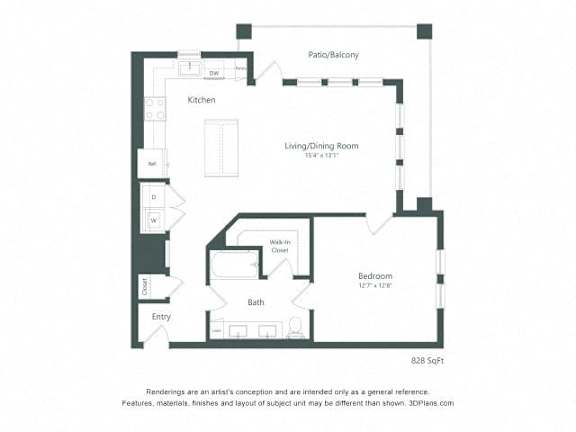 A floor plan of a small apartment with a kitchen, living room, and bathroom.