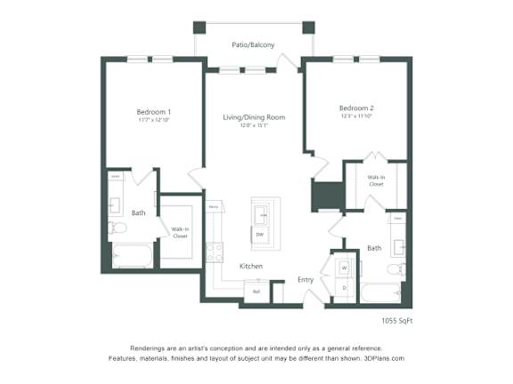 A floor plan of a 1055 square foot apartment with two bedrooms, a living/dining room, a kitchen, and a bathroom.