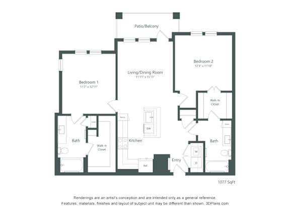 A floor plan of a house with two bedrooms, a living room, a kitchen, two bathrooms, and a patio/balcony.