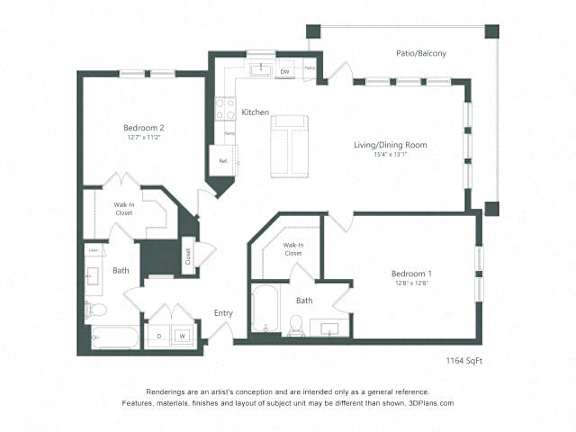 A floor plan of a house with two bedrooms, a living/dining room, a kitchen, a bathroom, and an entry.