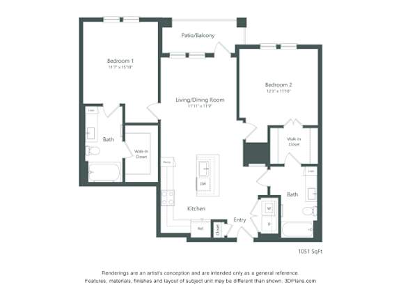 A floor plan of a 1051 square foot apartment with two bedrooms, a living room, a kitchen, a bath, and a patio/balcony.