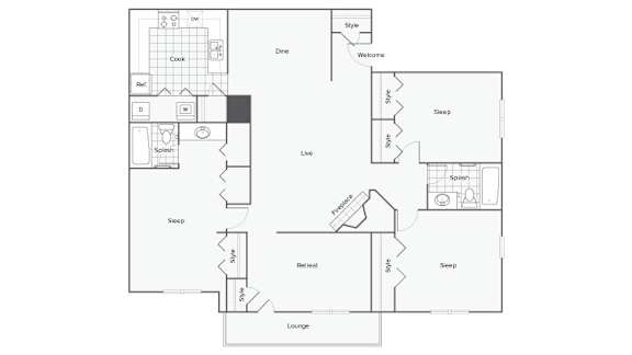 Floor Plan  A floor plan of a house with labeled rooms such as Living Room, Dining Room, Bedrooms and Bathrooms.
