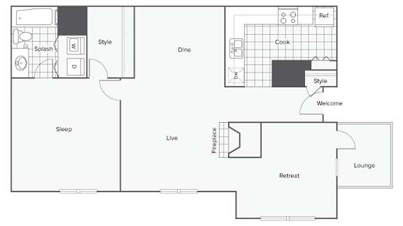 A floor plan of a house with a sleeping area, a dining area, a kitchen, a living room, a lounge, a retreat, a fireplace, and a welcome area.