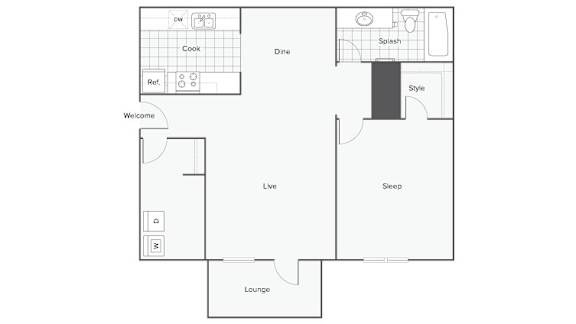 Floor Plan  A floor plan of a house with a lounge, living room, dining room, kitchen, and bedrooms.
