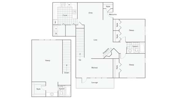 A floor plan of a house with labeled rooms such as kitchen, living room, and bedrooms.
