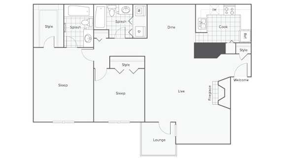 A floor plan of a house with labeled rooms such as kitchen, dining room, and sleep.