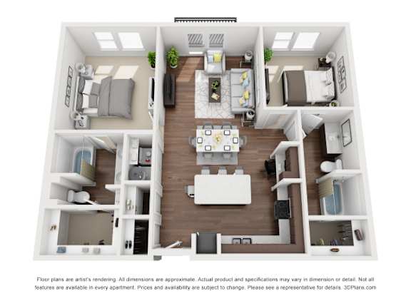 A 3D floor plan of a small apartment with a living room, kitchen, and two bedrooms.