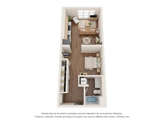 A 3D floor plan of a small apartment with a kitchen, living room, and bathroom.