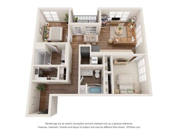 A 3D floor plan of a house with a kitchen, living room, and bathrooms.