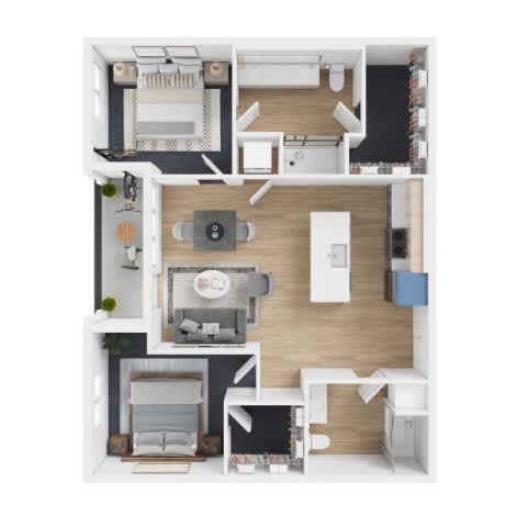 A top-down view of a small apartment with a kitchen, living room, and bathroom.