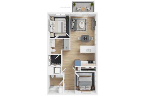 A detailed 3D floor plan of a small apartment.