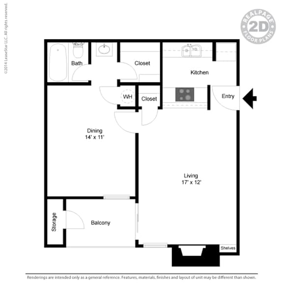 A floor plan of a small apartment with a living area, kitchen, and bathroom.